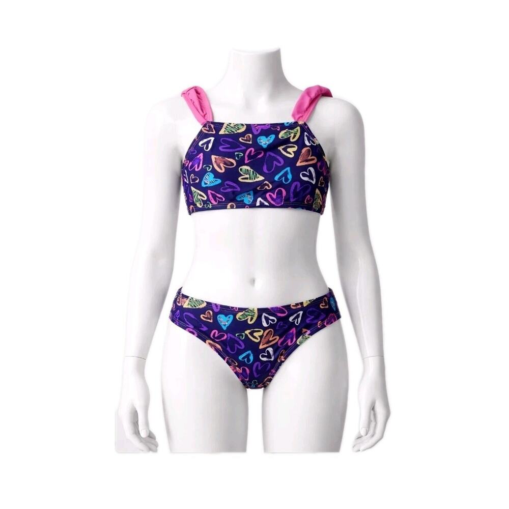 Freestyle Revolution Girl's Two Piece Swimsuit Size 7 Purple Heart Print
